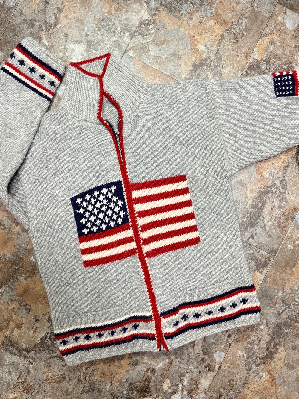 Gray Zip-Up Sweater with American Flag Knit